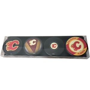 INGLASCO New NHL Official Calgary Flames Hockey Pucks 4 Pack Box Set Collectible